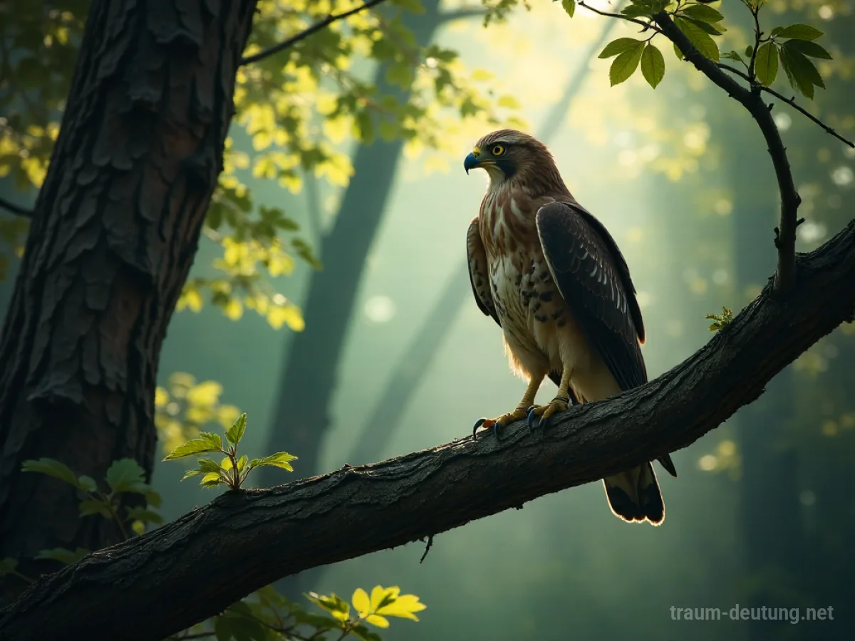 Traumsymbol Habicht: Ein majestätischer Habicht sitzt auf einem knorrigen Ast, seine gelben Augen scannen den nebelverhangenen Wald unter ihm, während Sonnenlicht durch das Blätterdach fällt.