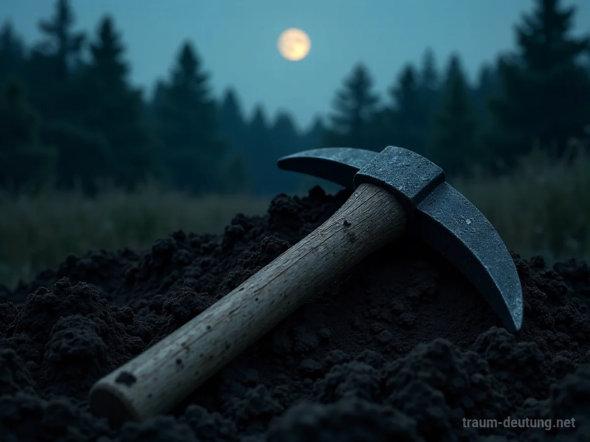 Traumsymbol Hacke: Eine verwitterte, eiserne Hacke liegt im dunklen Erdreich, beleuchtet vom schwachen Mondlicht, mit einem angedeuteten Wald im Hintergrund.