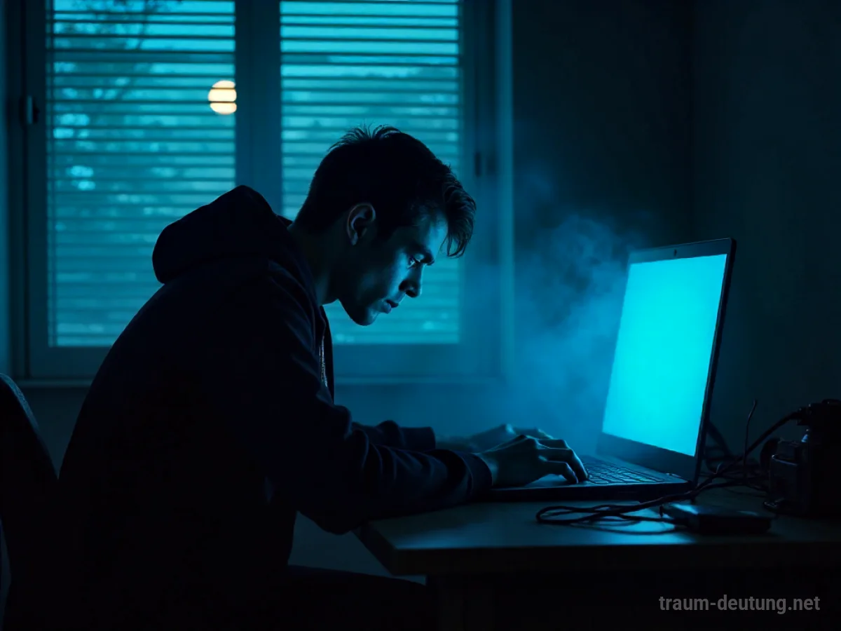 Traumsymbol Hacker: Eine einsame, schattenhafte Figur sitzt vor einem leuchtenden Laptop, umgeben von Kabeln und Dunkelheit, beleuchtet vom Monitorlicht und Mondschein.