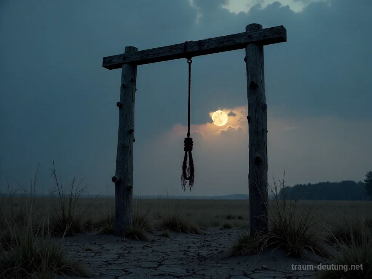 Traumsymbol Hängen: Ein einsamer Galgen steht auf rissiger Erde unter einem düsteren Abendhimmel, ein Seil hängt vom Balken.