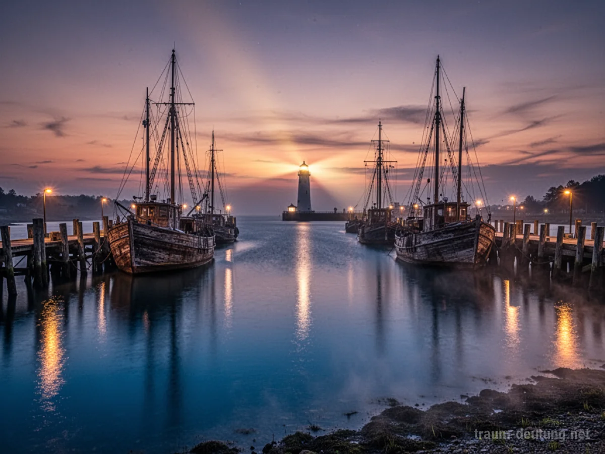 Traumsymbol Hafen: Ein ruhiger, fotorealistischer Hafen in der Dämmerung mit spiegelndem Wasser, liegenden Schiffen und sanfter Beleuchtung.