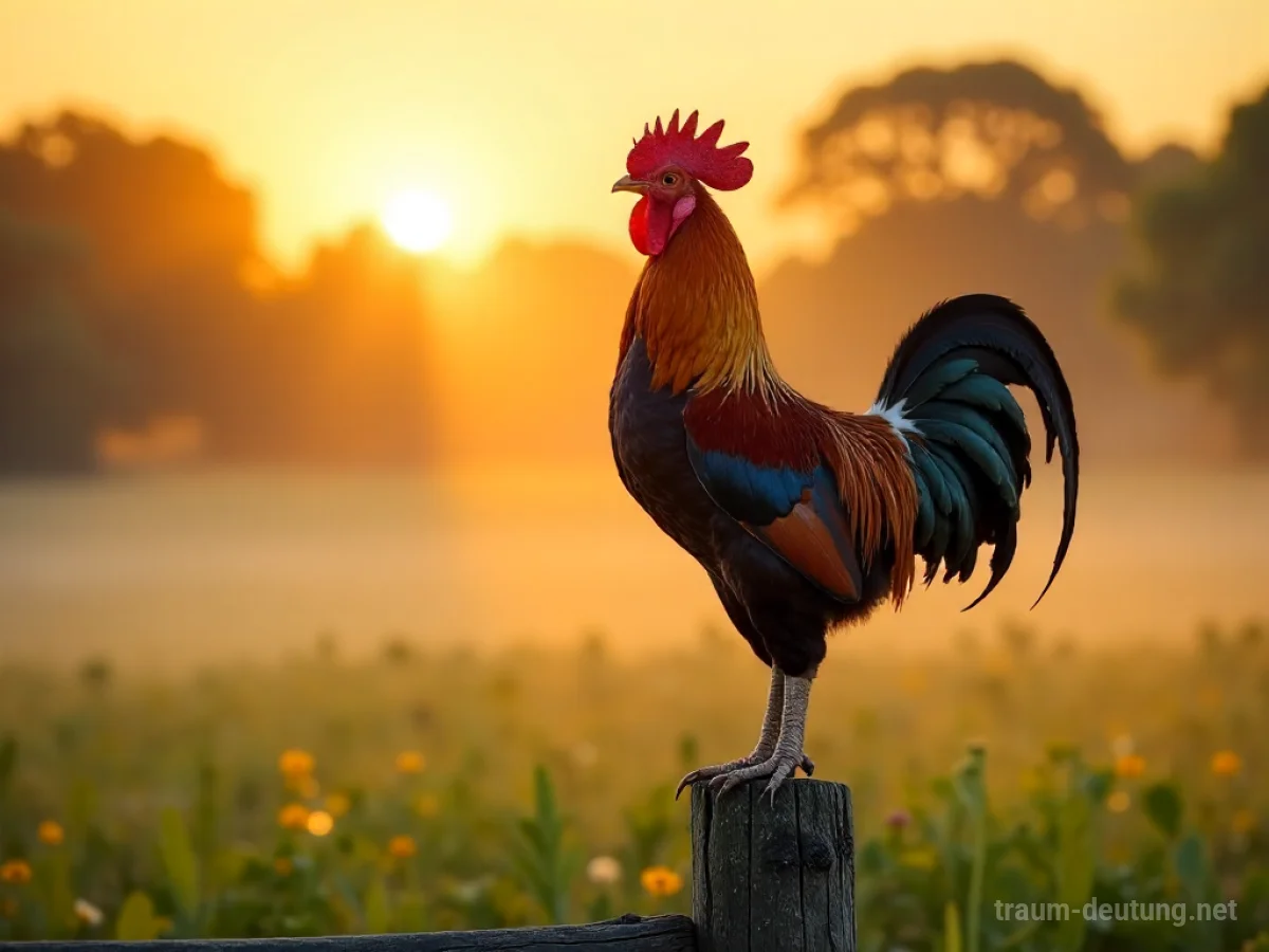 Traumsymbol Hahn: Ein majestätischer Hahn steht auf einem alten Holzzaun im Morgengrauen, beleuchtet von den ersten Sonnenstrahlen.