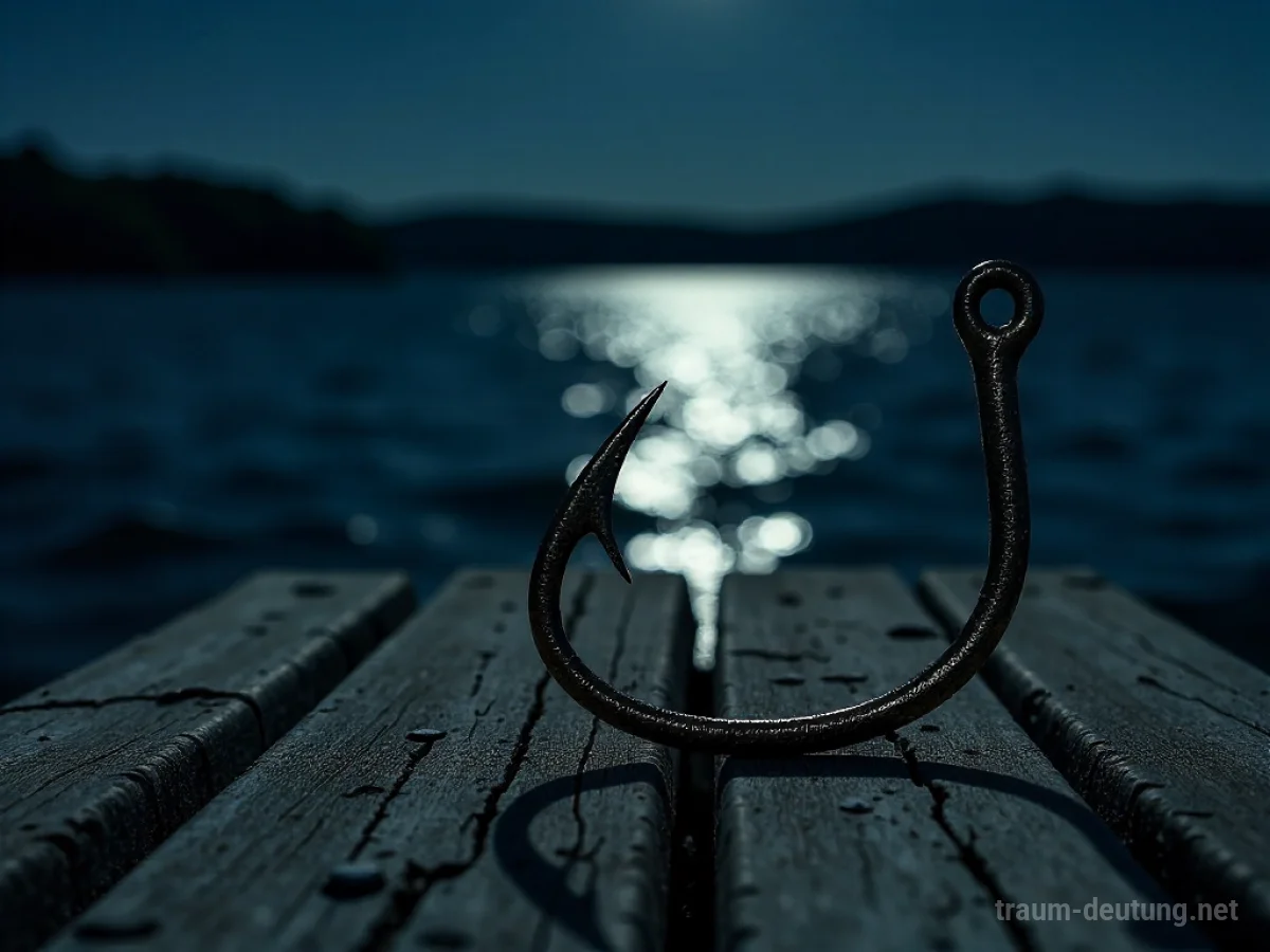 Traumsymbol Haken: Ein alter Angelhaken liegt im Mondlicht auf einem Holzsteg, mit dunklem Wasser im Hintergrund.