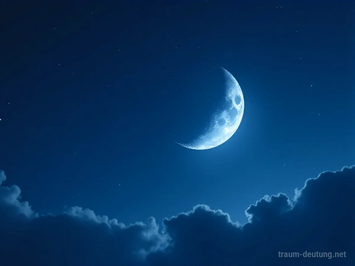 Traumsymbol Halbmond: Ein leuchtender Halbmond hängt in einem tiefen Indigo-Nachthimmel, umgeben von sanften Wolken und fernen Sternen.