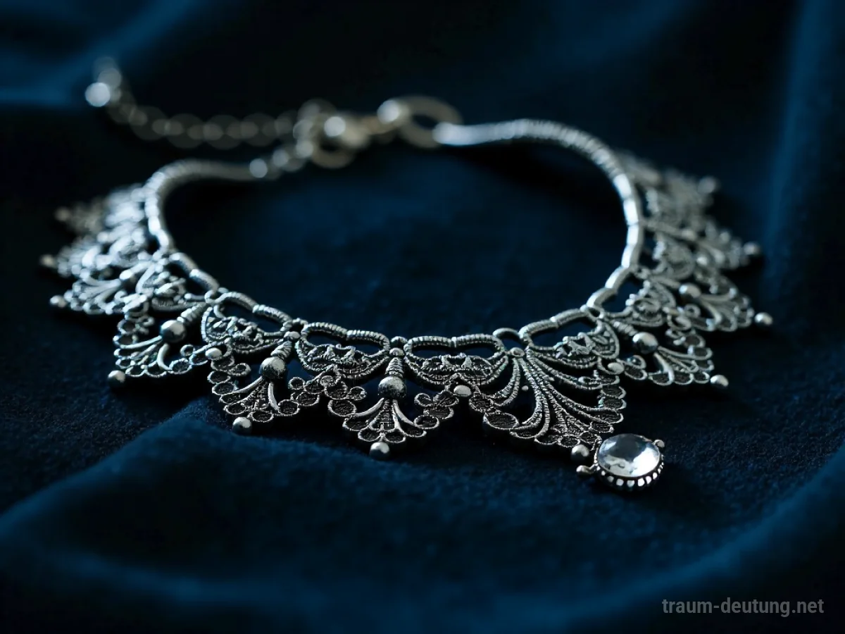 Traumsymbol Halsband: Ein kunstvolles, antikes Silberhalsband liegt auf dunklem Samt, beleuchtet von sanftem Mondlicht, das feine Details hervorhebt.