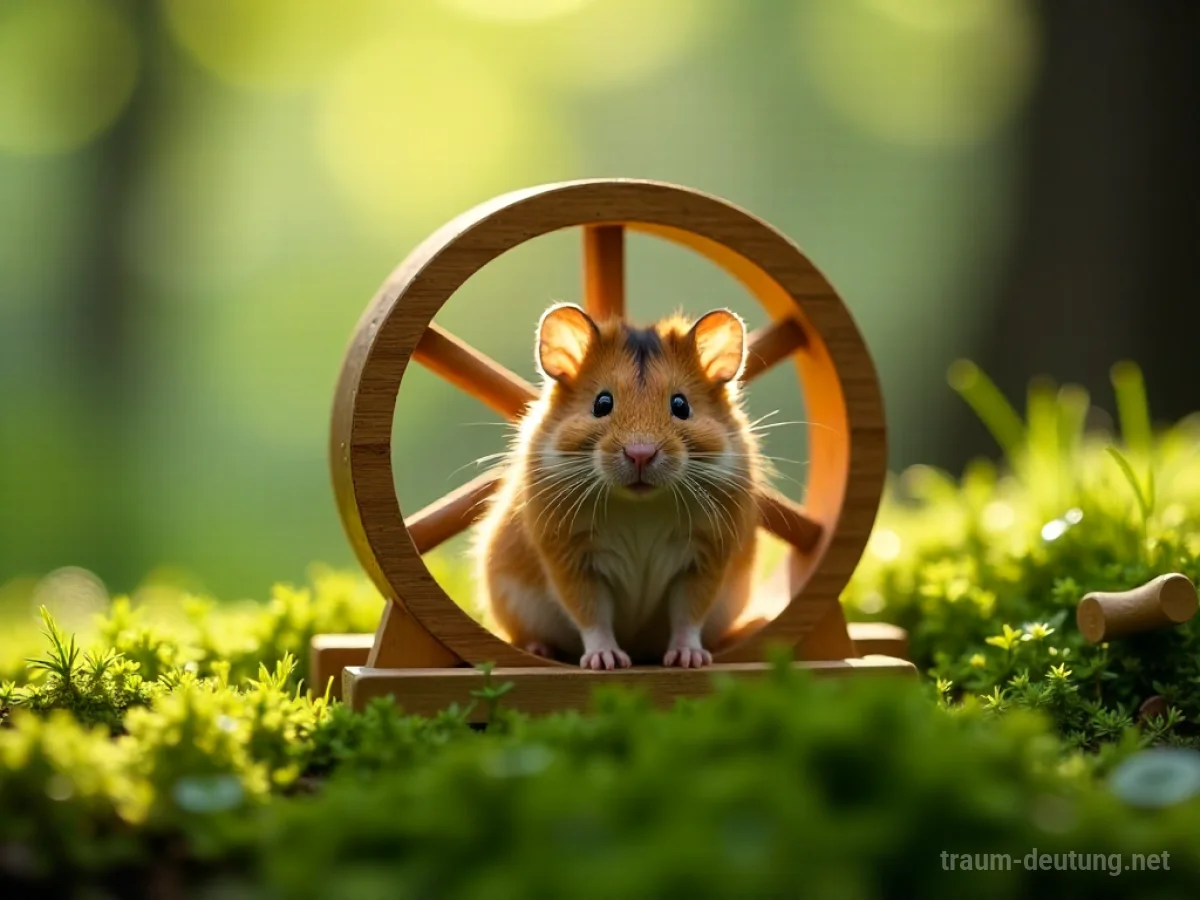 Traumsymbol Hamster: Ein kleiner, flauschiger Hamster mit dunklen Knopfaugen sitzt in einem sorgfältig organisierten, winzigen Holzrad auf einem weichen Moosboden im gedämpften Sonnenlicht.