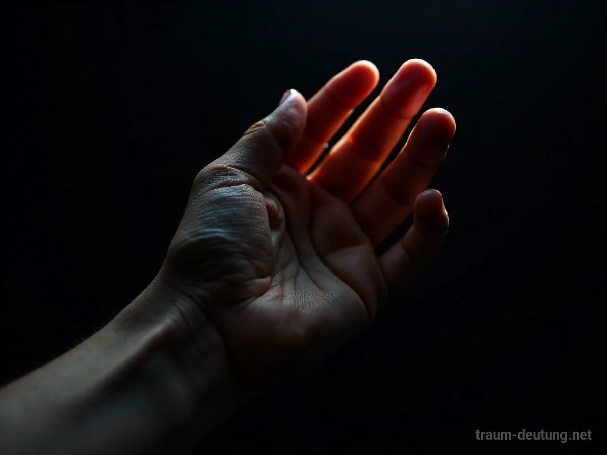 Traumdeutung Handlung: Eine menschliche Hand wird von einem sanften Scheinwerferlicht angestrahlt, während sie sich im Dunkeln bewegt.