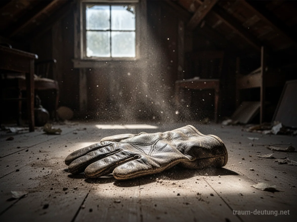 Traumsymbol Handschuh: Ein abgenutzter Lederhandschuh liegt verlassen auf einem staubigen Dachboden im Lichtkegel des Mondes.