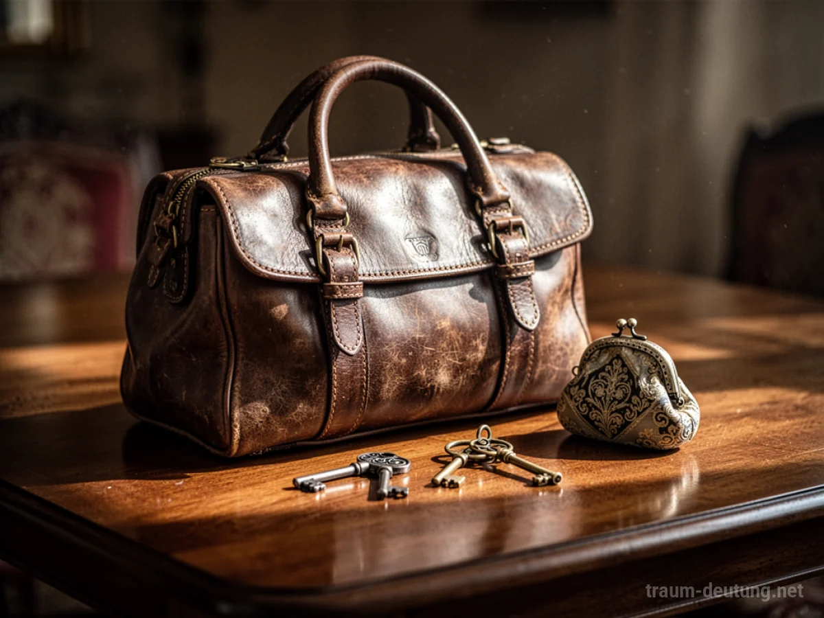 Traumsymbol Handtasche: Eine luxuriöse, abgenutzte Lederhandtasche liegt auf einem polierten Holztisch im warmen Licht, neben ihr liegen Schlüssel und ein Münzbeutel.