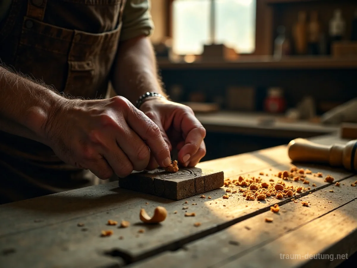 Traumdeutung Handwerk: Hände gestalten kunstvoll Holz auf einer Werkbank im Sonnenlicht.