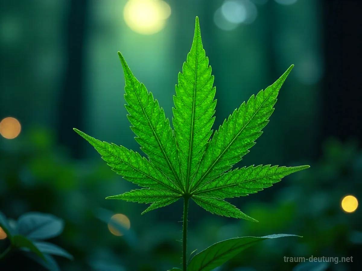 Traumsymbol Hanf: Ein detailreiches, fotorealistisches Bild eines grünen Hanfblattes, beleuchtet von Mondlicht, mit unscharfem, mystischem Wald im Hintergrund.