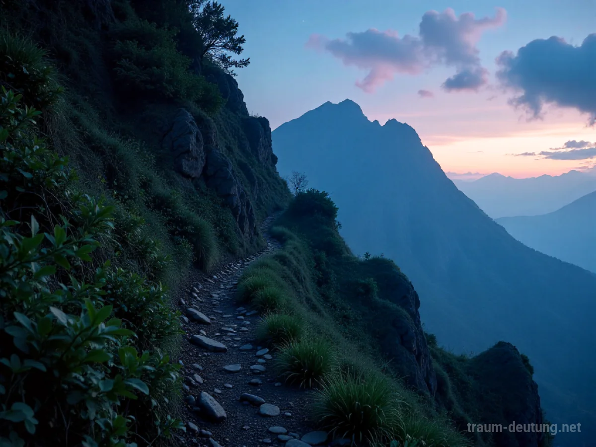 Traumsymbol Hang: Ein steiler, überwucherter Berghang im Zwielicht mit einem verschwindenden Pfad, der eine Herausforderung symbolisiert.