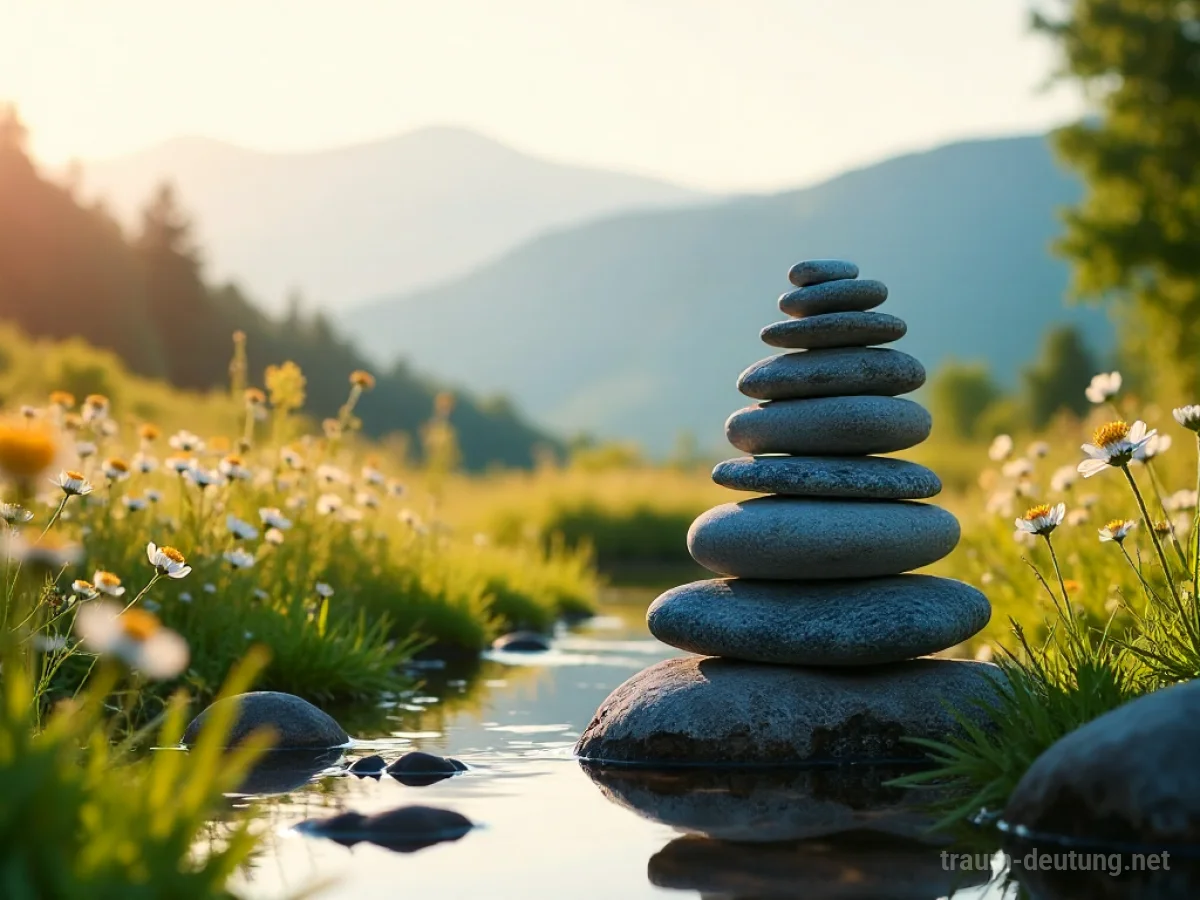 Traumsymbol Harmonie: Eine sonnenbeschienene Wiese mit Wildblumen und einem Bach, symbolisiert durch einen perfekt ausbalancierten Steinturm.