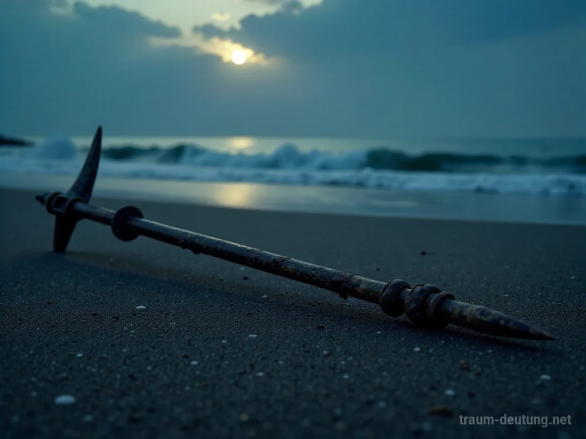 Traumsymbol Harpune: Eine alte, verwitterte Harpune mit Muschelbewuchs liegt im Mondlicht halb im dunklen Sand einer einsamen Küste vergraben.