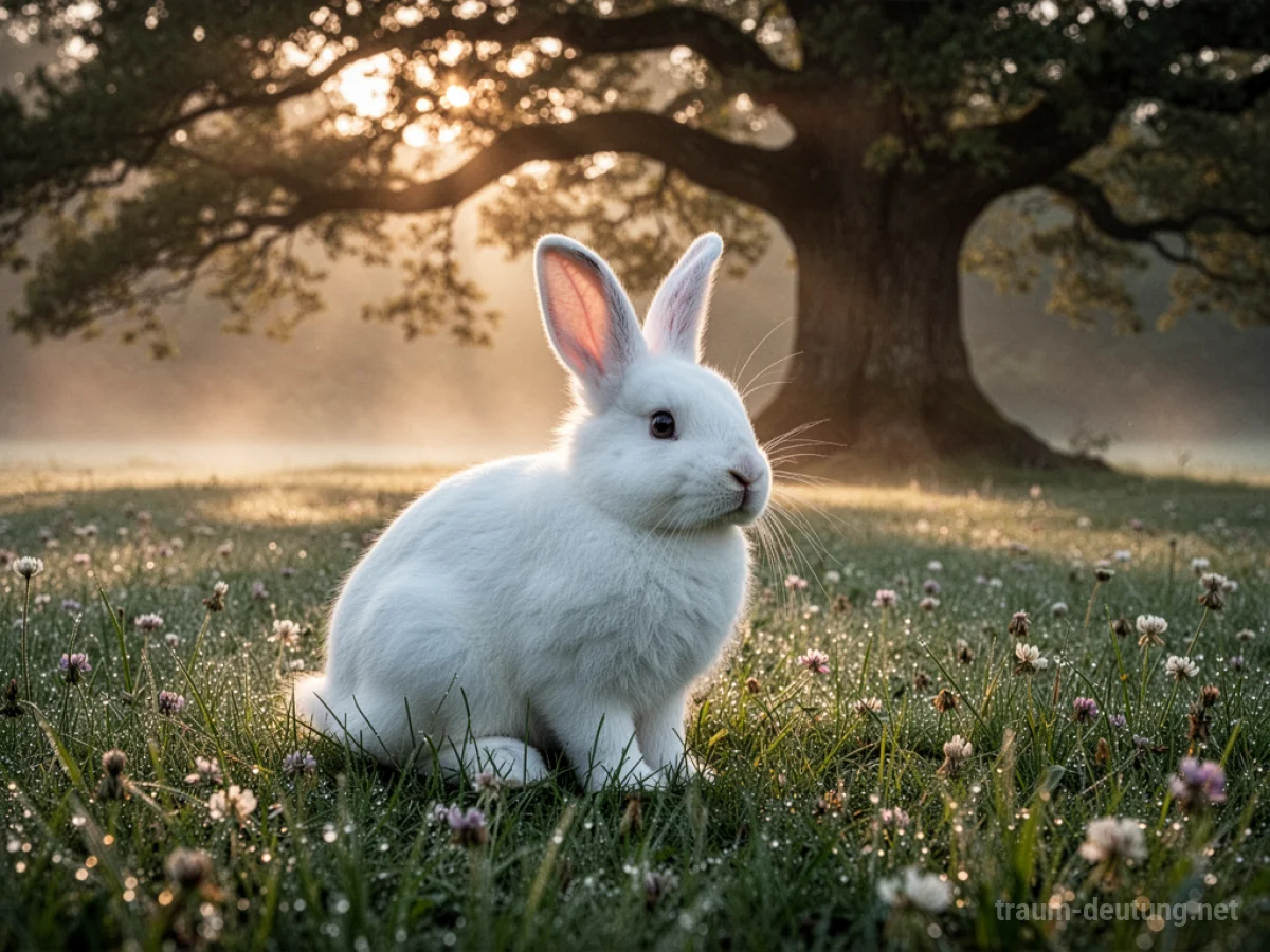 Traumsymbol Hase: Ein weißer Hase mit flauschigem Fell sitzt wachsam in einer taufrischen Wiese im goldenen Morgensonnenschein, umgeben von Wildblumen und leichtem Nebel.