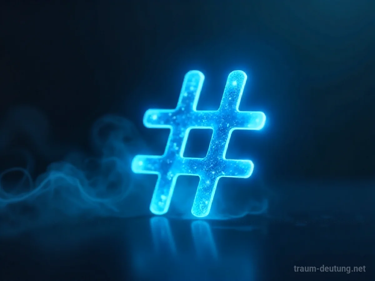Traumdeutung Hashtag: Ein leuchtendes, blaues Hashtag-Symbol schwebt in einem dunklen, nebligen Raum mit subtilen Lichtlinien.
