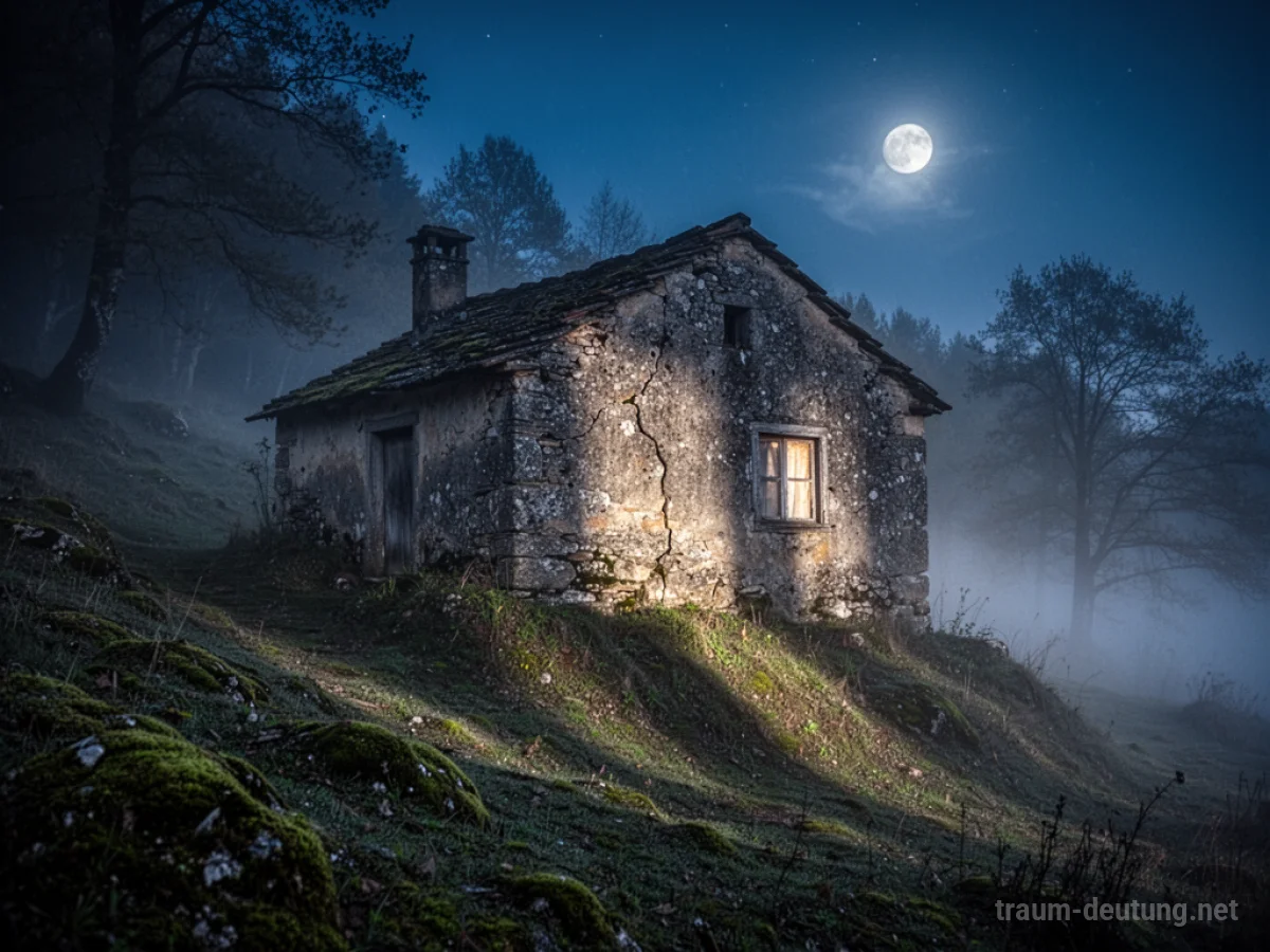 Traumdeutung Haus: Ein altes, steinernes Haus auf einem nebelverhangenen Hügel im Mondlicht, das Geheimnisse und innere Zustände symbolisiert.
