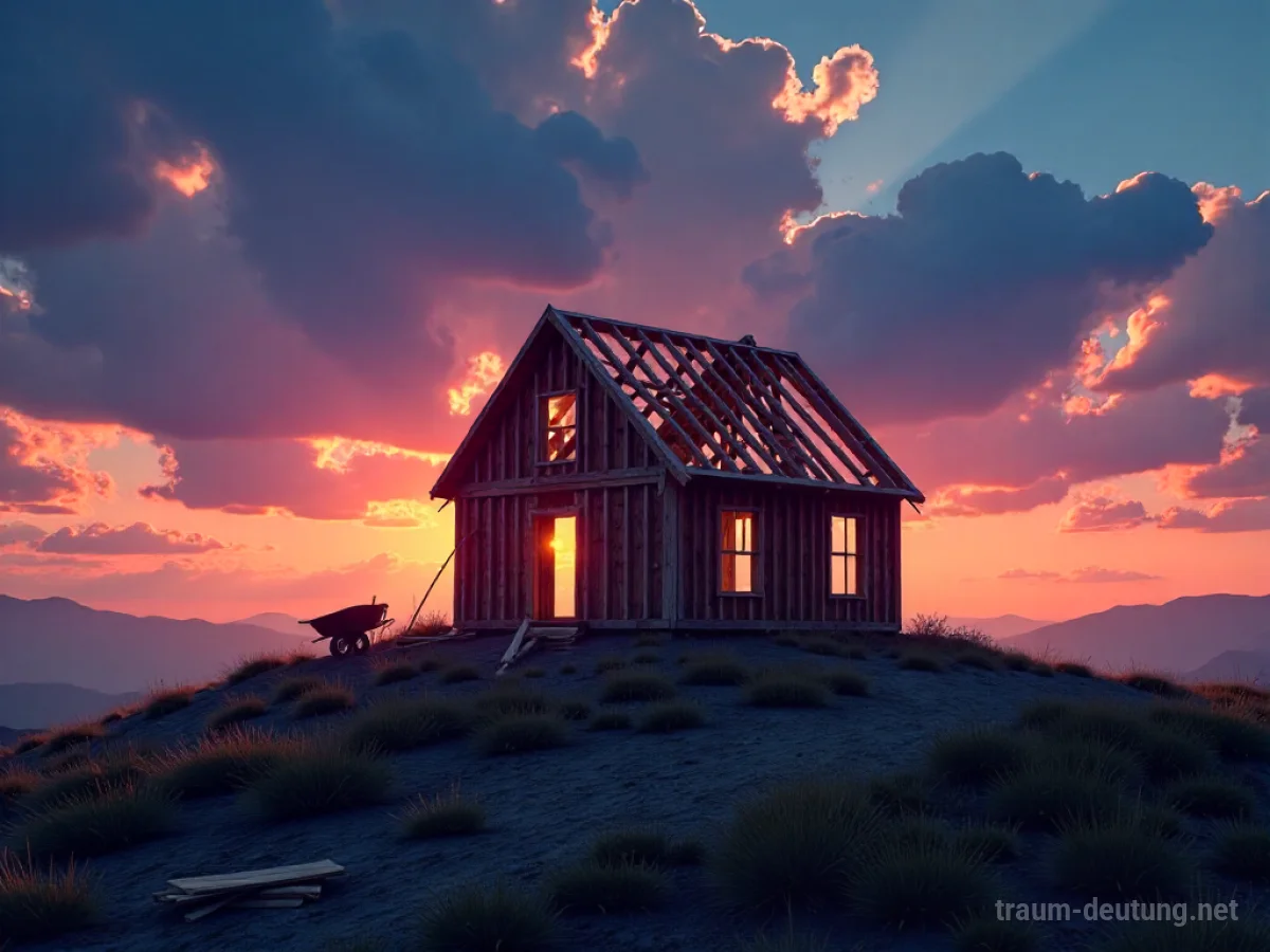 Traumsymbol Hausbau: Ein unvollendetes Holzhaus steht auf einem Hügel im Abendlicht, umgeben von Werkzeugen und Baumaterialien.