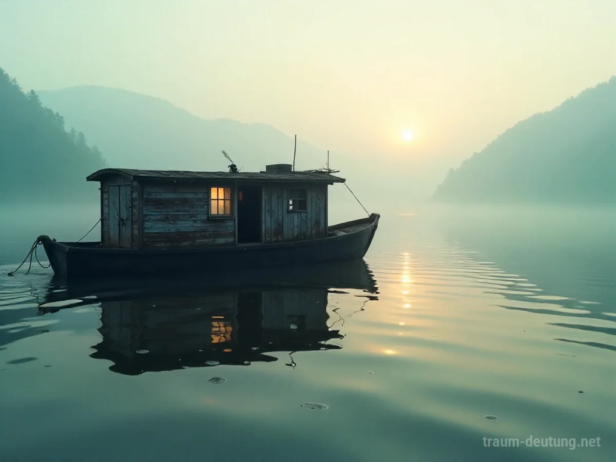 Traumsymbol Hausboot: Ein altes Holzhausboot treibt friedlich auf einem nebligen See im Morgengrauen, sanft beleuchtet von diffusen Sonnenstrahlen.