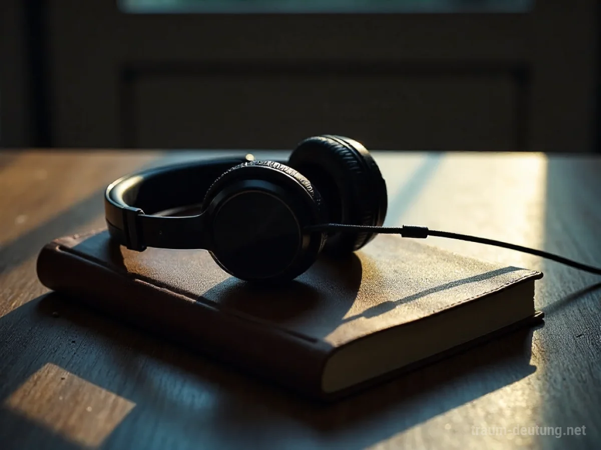 Traumdeutung Headset: Ein schwarzes Over-Ear-Headset liegt auf einem alten Notizbuch auf einem dunklen Schreibtisch, beleuchtet von sanftem, umgebendem Licht.