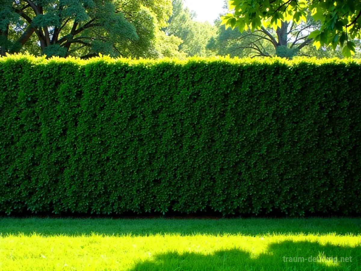 Traumsymbol Hecke: Eine dichte, grüne Hecke bildet eine klare Grenze in einem sonnigen Garten.