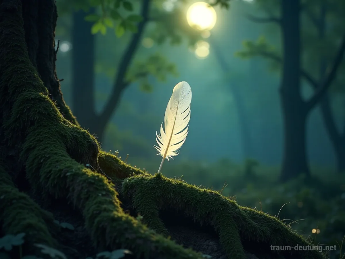 Traumsymbol Heilen: Eine leuchtend weiße Feder schwebt in einer mondbeschienenen Waldlichtung, umgeben von feuchten Moos und Wurzeln.