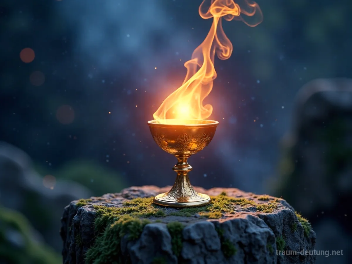 Traumsymbol Heilig: Ein leuchtender goldener Kelch auf einem alten Steinaltar, umgeben von nebligen, himmlischen Lichtern und einem Sternenhimmel.