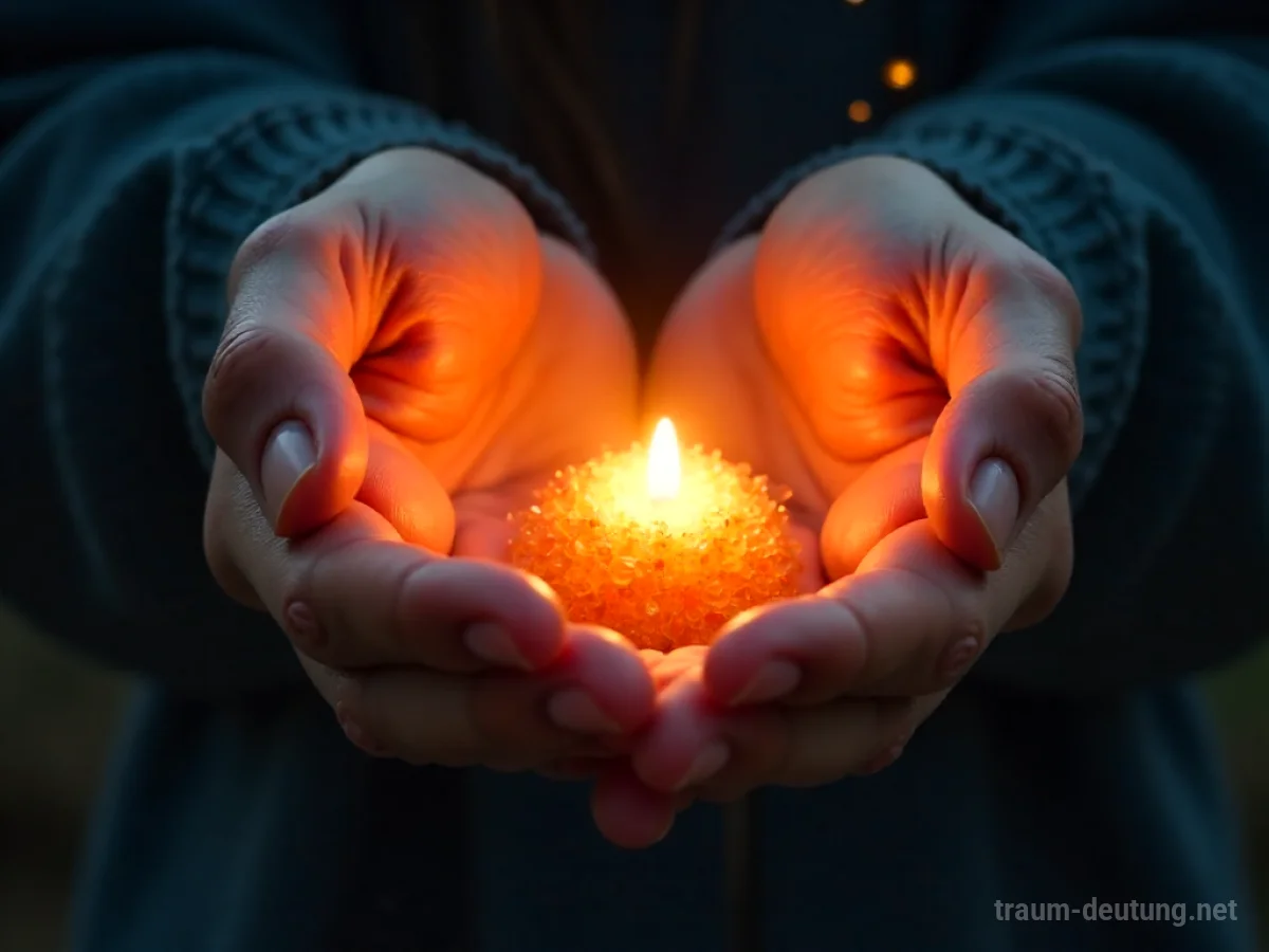Traumsymbol Heilung: Hände umschließen sanft ein leuchtendes goldenes Licht über einer sich schließenden Wunde.