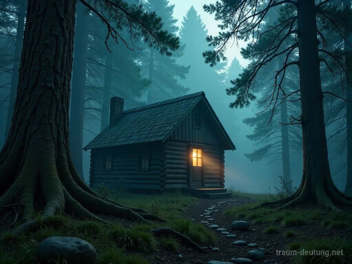 Traumsymbol Heimat: Eine einsame, alte Holzhütte im Mondlicht eines dichten Waldes, die Geborgenheit und Rückzug symbolisiert.