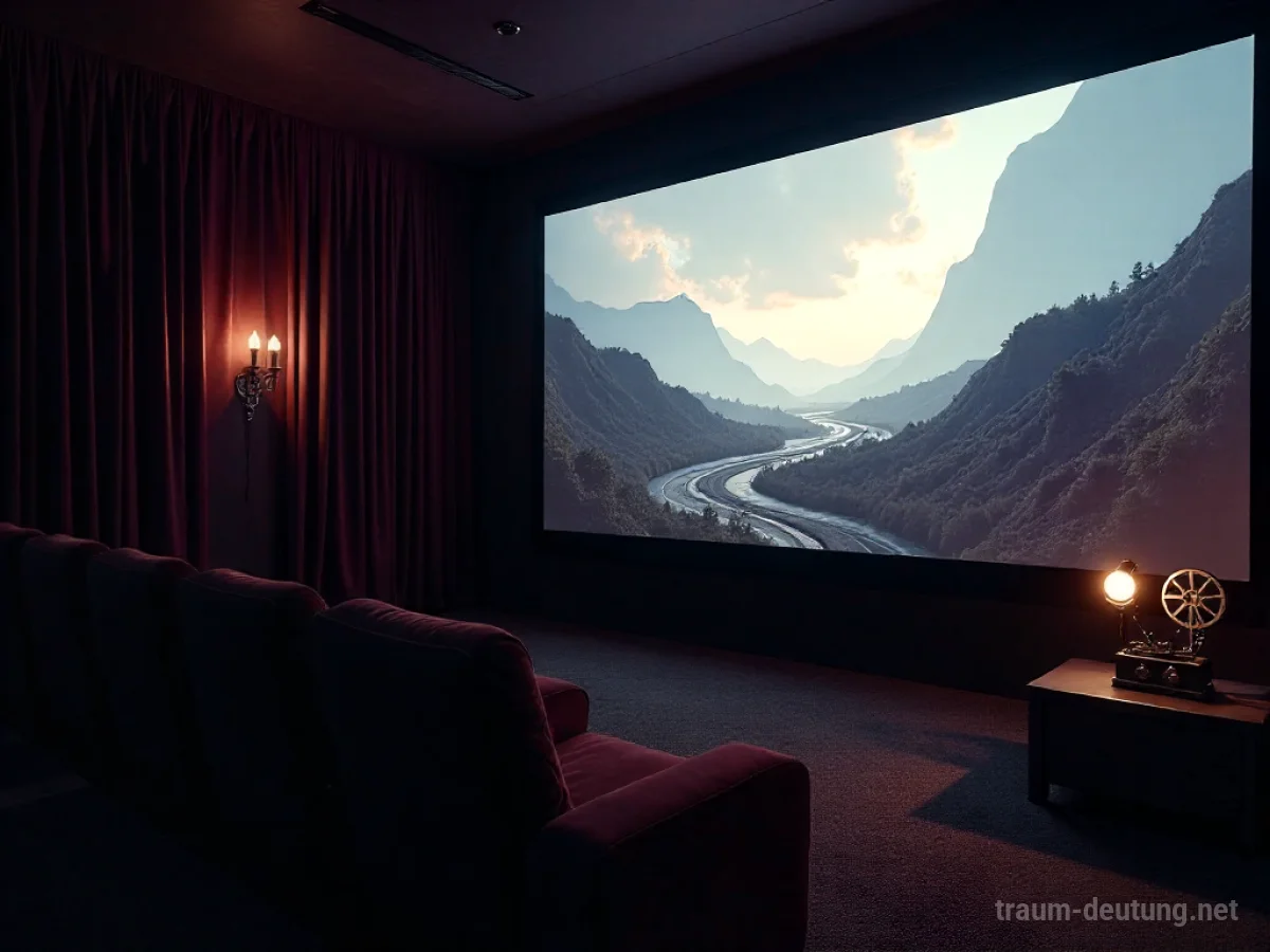 Traumdeutung Heimkino: Eine luxuriöse, gedämpft beleuchtete Heimkino-Umgebung mit bequemen Sitzen und einem leuchtenden Bildschirm, der eine surreale Landschaft zeigt.