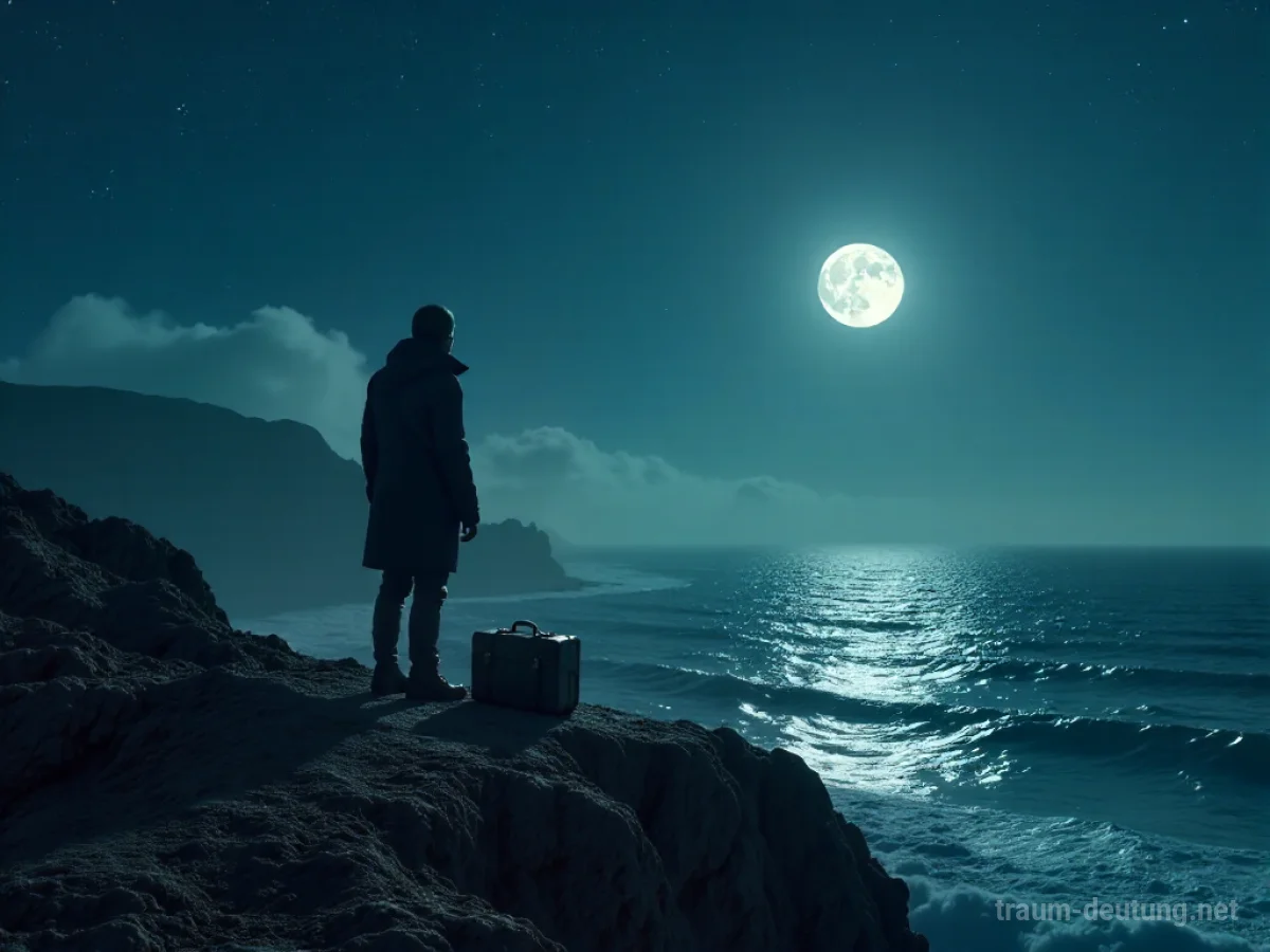 Traumsymbol Heimweh: Eine einsame Figur steht auf einer Klippe und blickt auf das Meer, während der Mond scheint und ein Koffer zu ihren Füßen liegt.