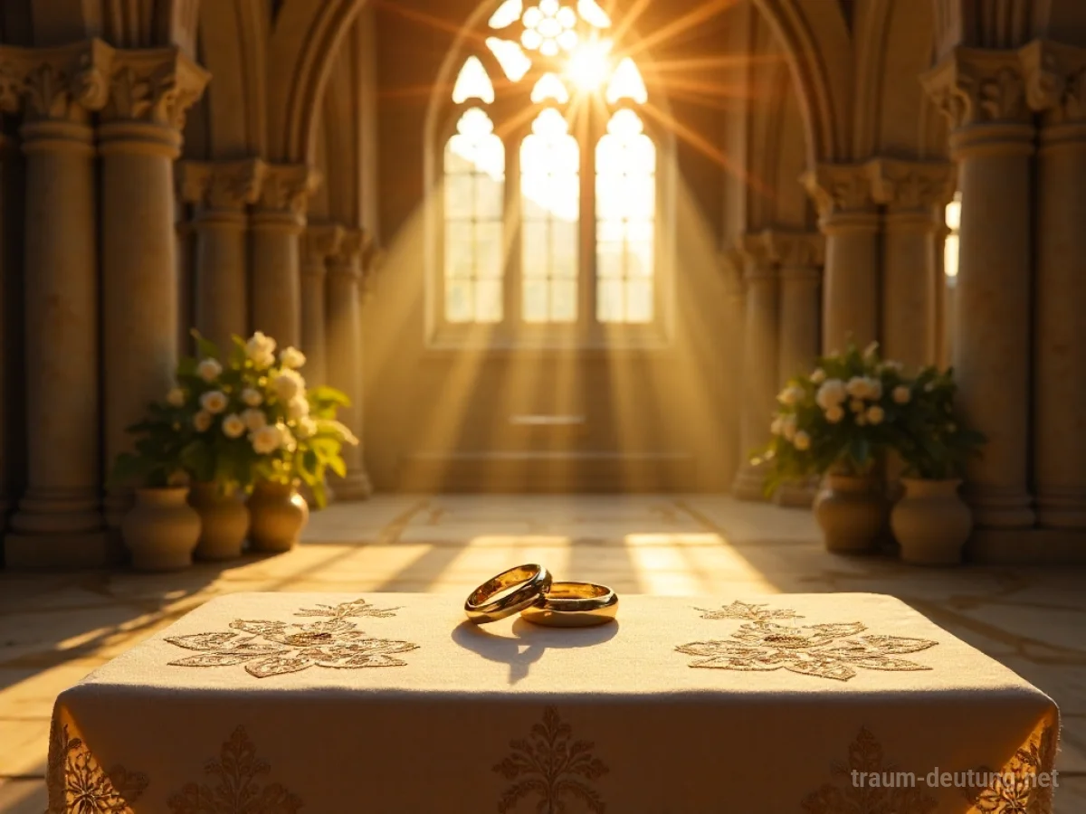 Traumsymbol Heirat: Ein reich geschmückter Hochzeitsaltar in einer sonnendurchfluteten, alten Steinkapelle mit zwei verschlungenen goldenen Ringen.