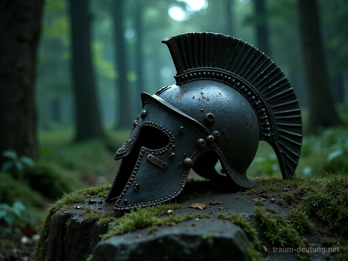 Traumsymbol Helm: Ein antiker römischer Legionärsheim ruht auf einem moosbewachsenen Stein in einem schattigen Waldlichtung, beleuchtet von mondlicht.