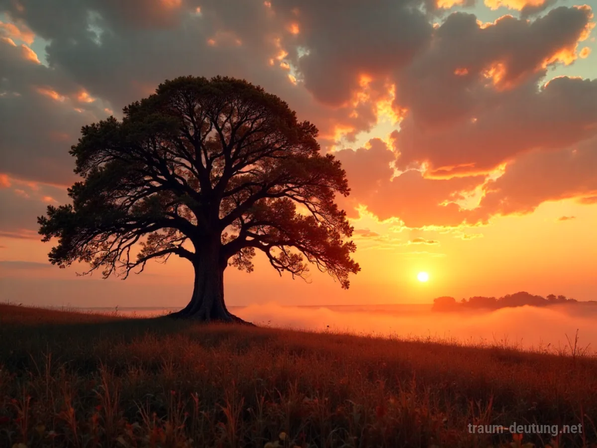 Traumdeutung Herbst: Ein alter Eichenbaum steht in einem goldenen Feld unter einem dramatischen Abendhimmel mit wirbelnden Wolken, bedeckt mit bunten Herbstblättern.