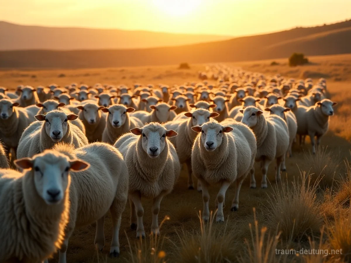 Traumsymbol Herde: Eine große Gruppe von Schafen bewegt sich friedlich über eine sonnenbeschienene Graslandschaft, was Zugehörigkeit und Konformität symbolisiert.