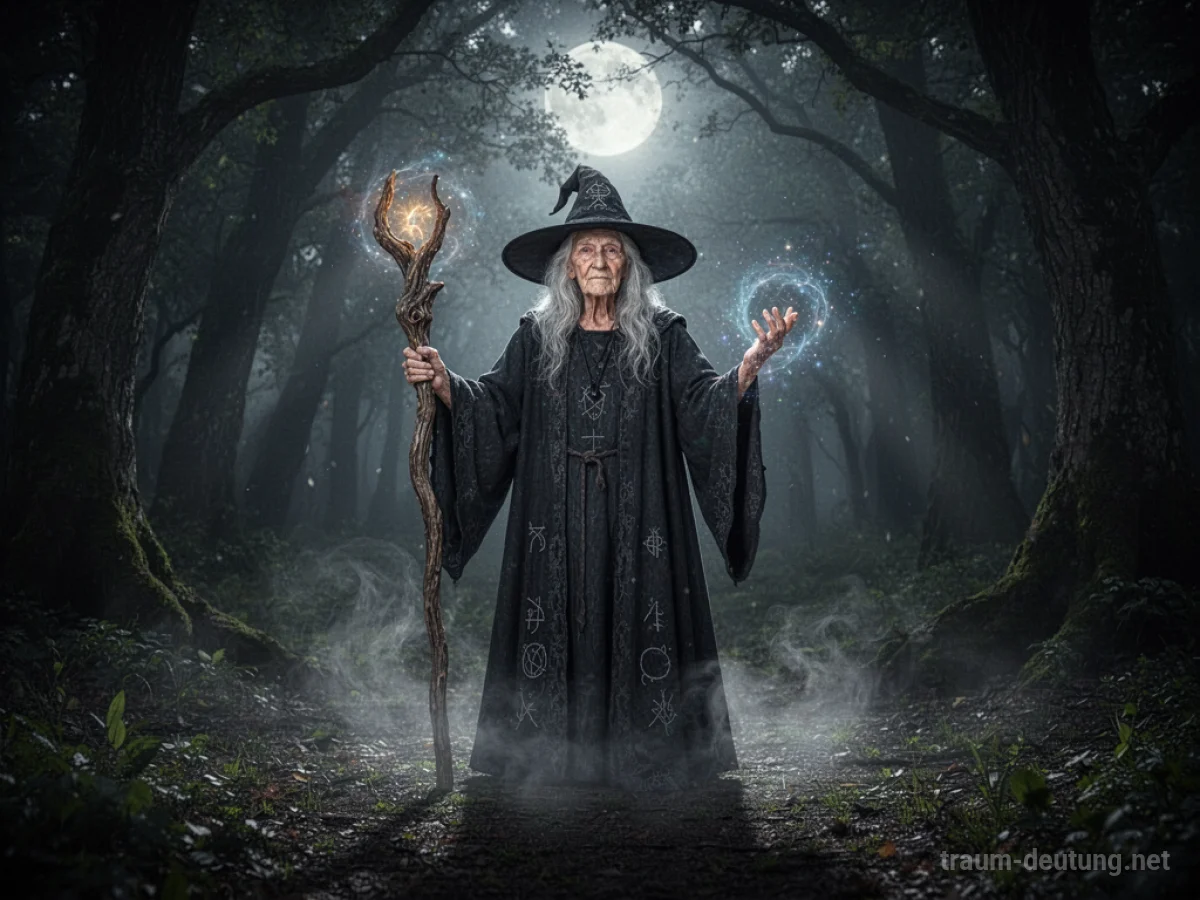 Traumdeutung Hexe: Eine alte Hexe mit wissenden Augen steht in einem mondbeschienenen Wald, umgeben von Nebel und magischem Licht.