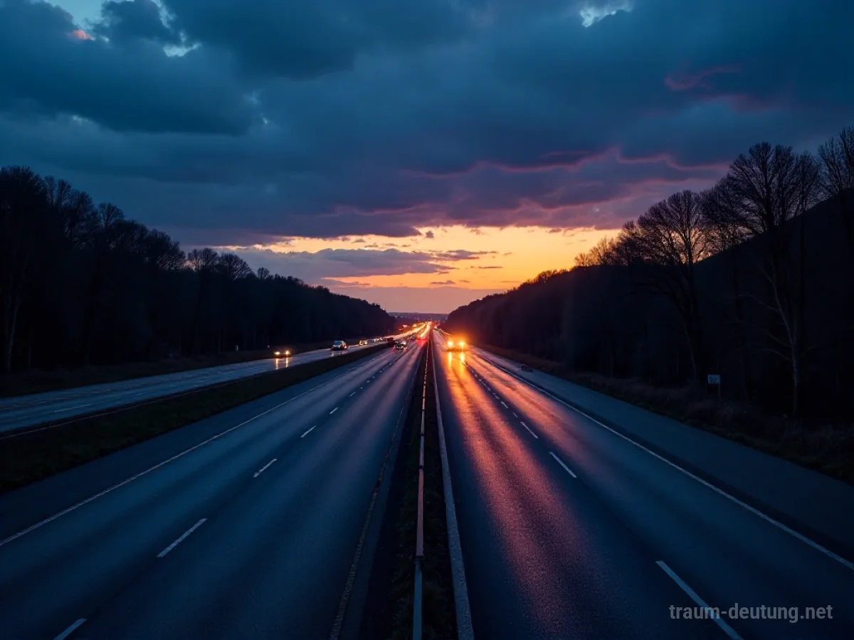 Traumsymbol Highway: Ein endloser, nasser Autobahnabschnitt spiegelt im Zwielicht die Lichter eines einzelnen Autos und von Straßenlaternen wider, umgeben von dunklen Bäumen.