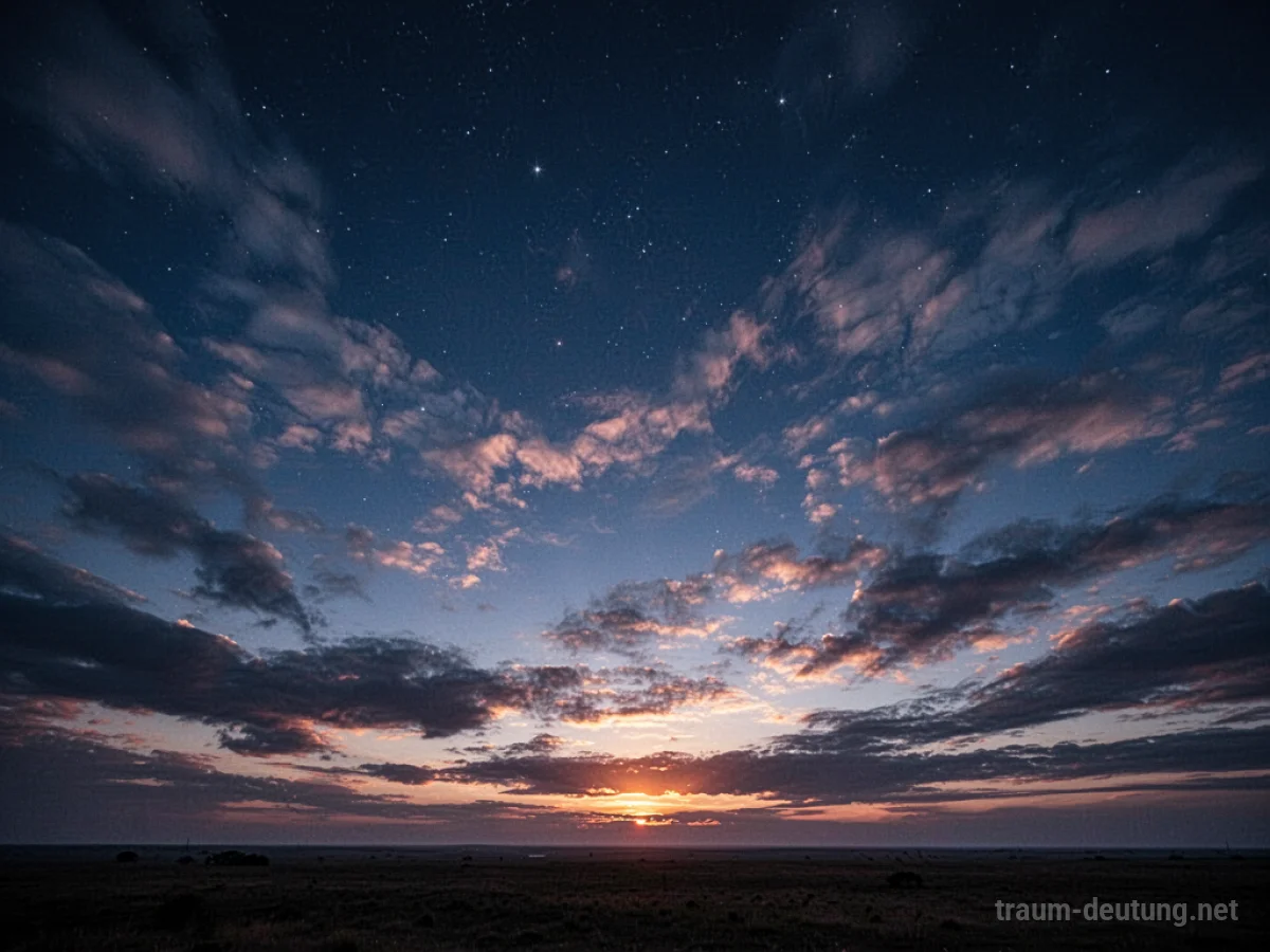 Traumsymbol Himmel: Ein tiefer, blauer Abendhimmel mit zarten Wolken, die im letzten Licht der untergehenden Sonne schimmern, während die ersten Sterne erscheinen.
