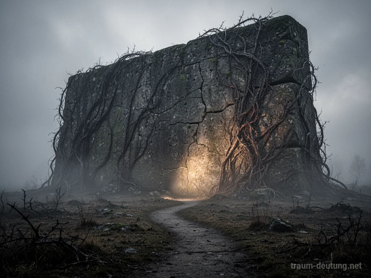 Traumsymbol Hindernis: Eine hohe, rissige Steinmauer mit dornigen Ranken versperrt einen nebligen Weg.