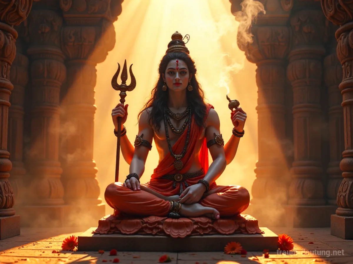 Traumdeutung Hindu: Eine detailreiche Darstellung einer hinduistischen Gottheit in einem alten Tempel, beleuchtet von sanftem Morgenlicht.