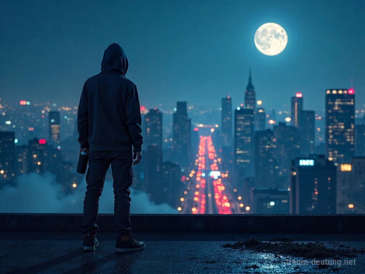 Traumsymbol Hiphop: Eine Silhouette auf einem Dach mit Spraydose, blickt auf eine neonbeleuchtete Stadt bei Nacht unter dem Schein des Vollmonds.