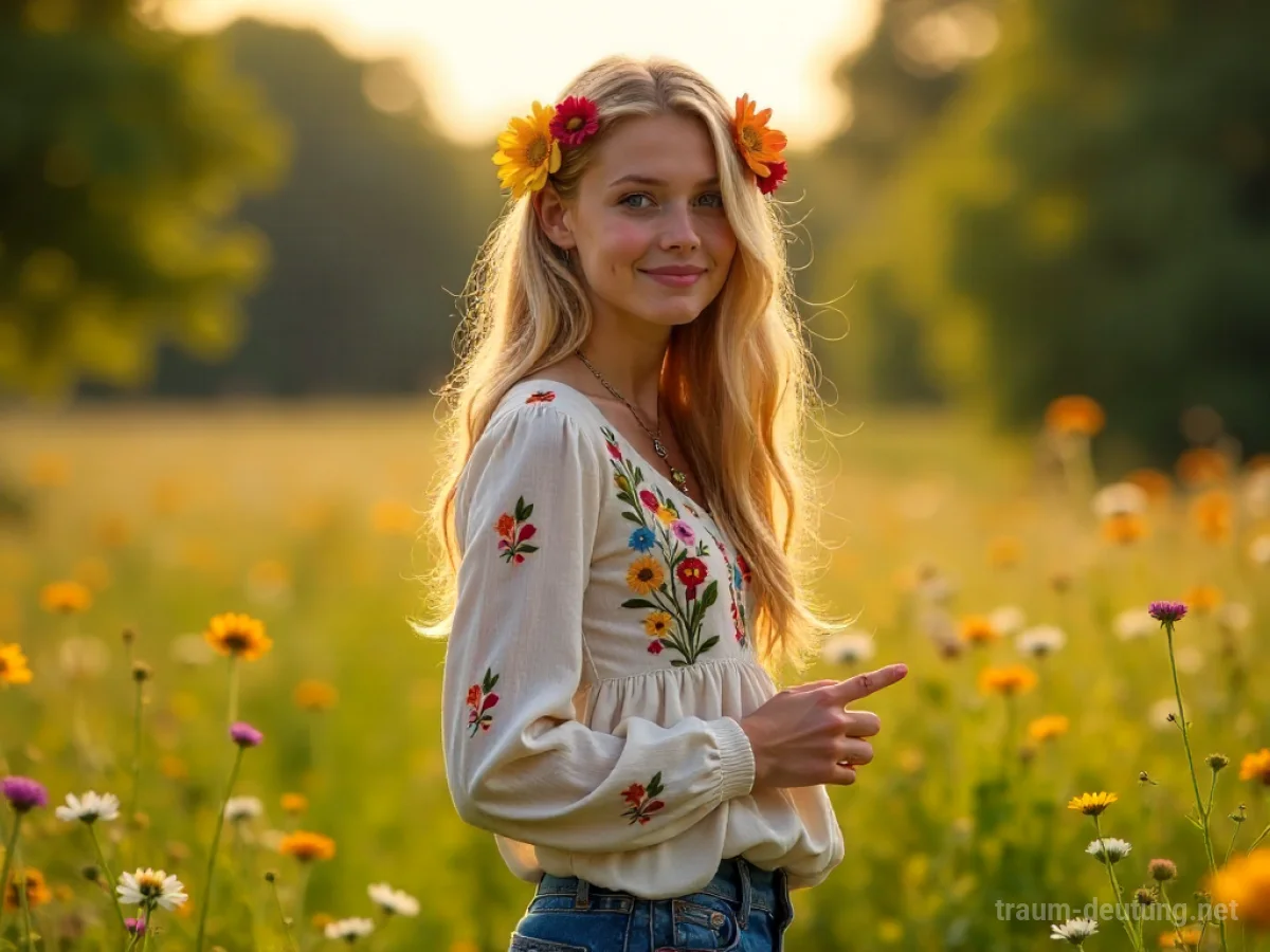 Traumdeutung Hippie: Eine junge Frau mit Blumen im Haar und Friedenszeichen steht barfuß auf einer sonnendurchfluteten Wiese im goldenen Abendlicht.