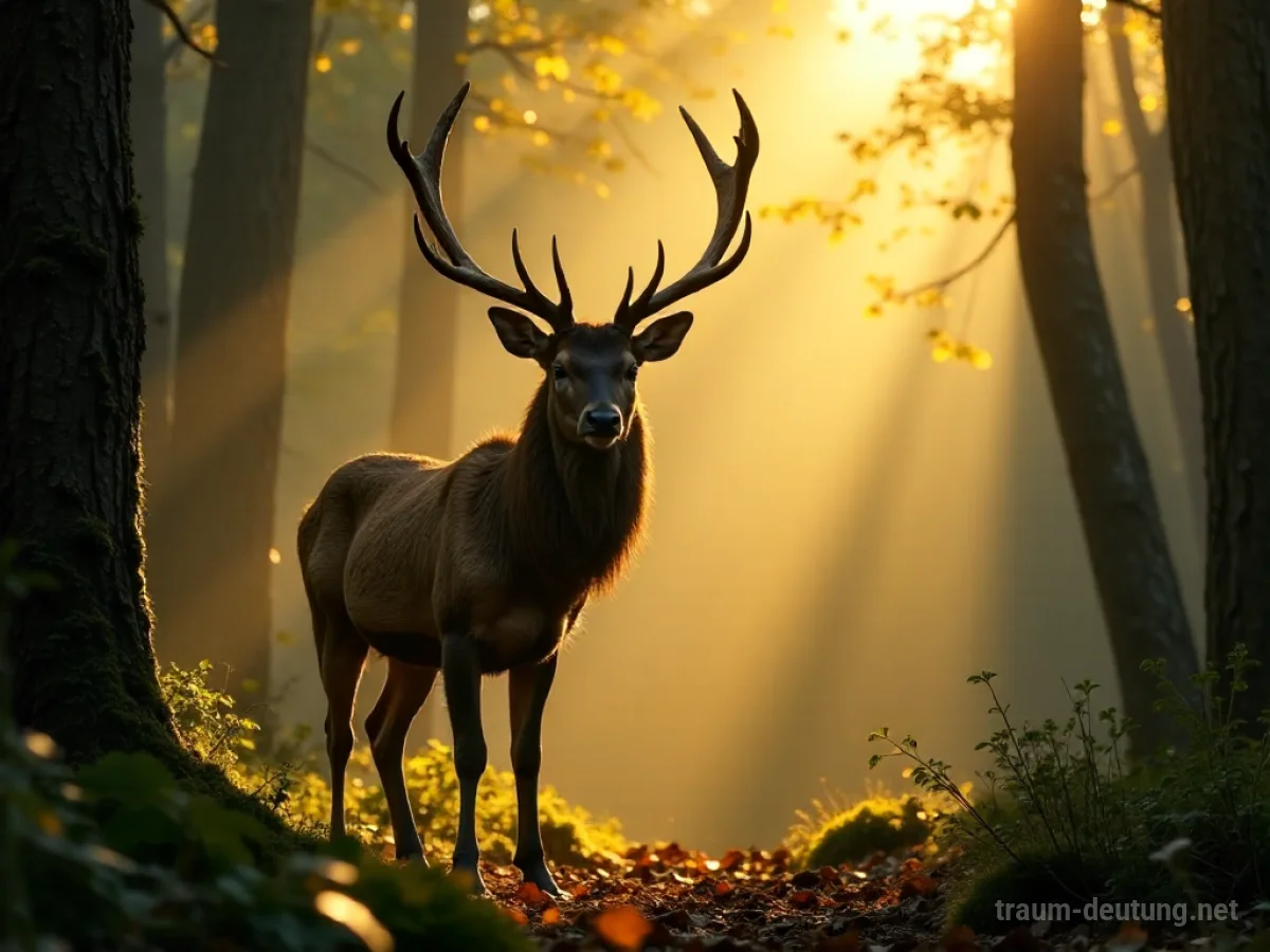 Traumdeutung Hirsch: Ein majestätischer Hirsch mit großem Geweih steht in einem sonnenbeschienenen, alten Wald voller Moos und Tau.