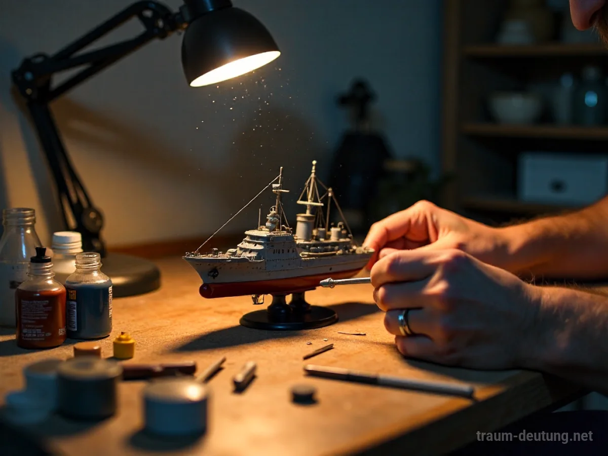 Traumdeutung Hobby: Hände bauen detailgetreu ein Miniaturmodell-Schiff auf einem beleuchteten Werkstatttisch mit Werkzeugen und Farben.