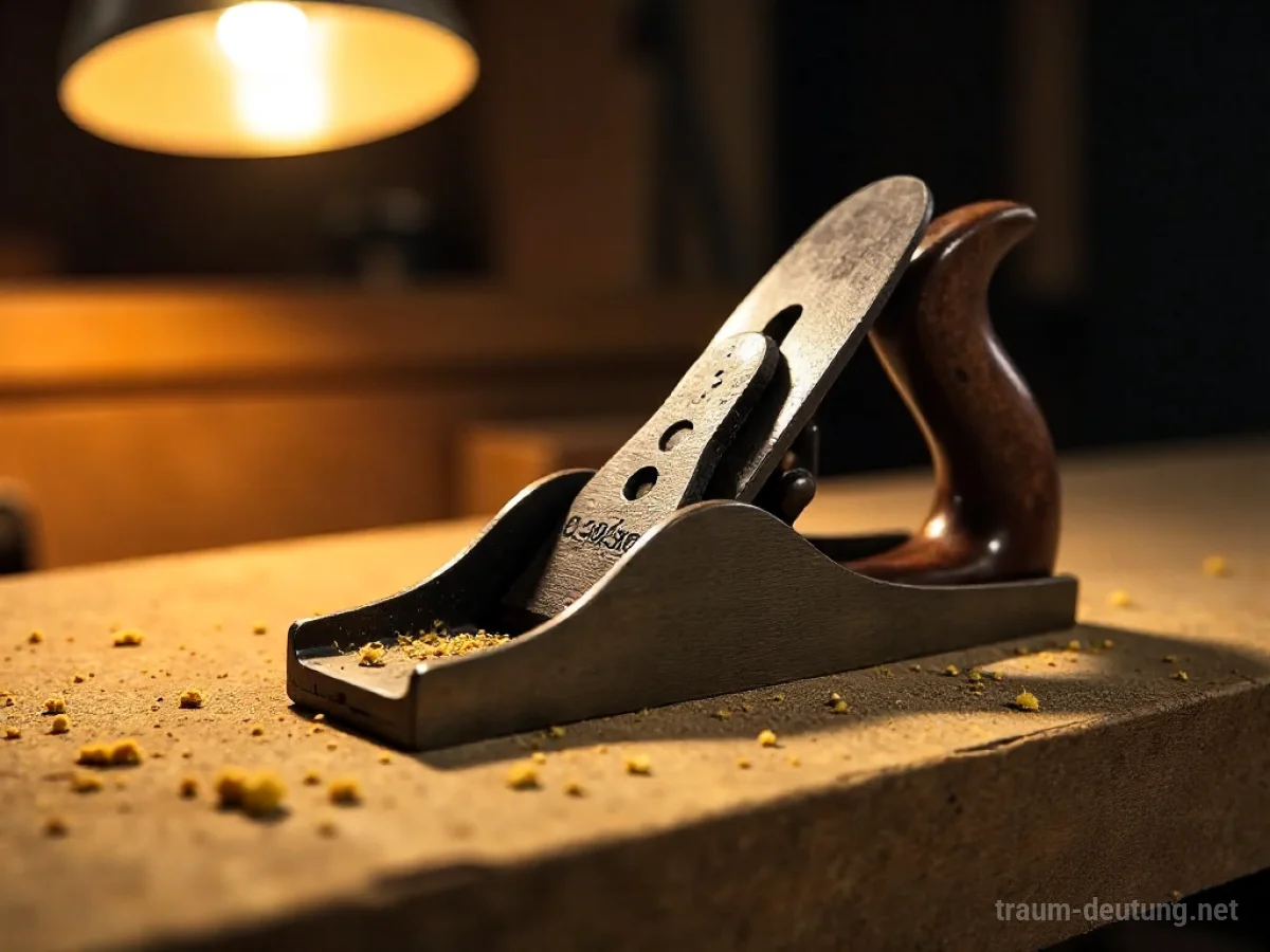 Traumsymbol Hobel: Ein alter Holz-Hobel liegt auf einer Werkbank, umgeben von Sägespänen, beleuchtet von warmem Licht.