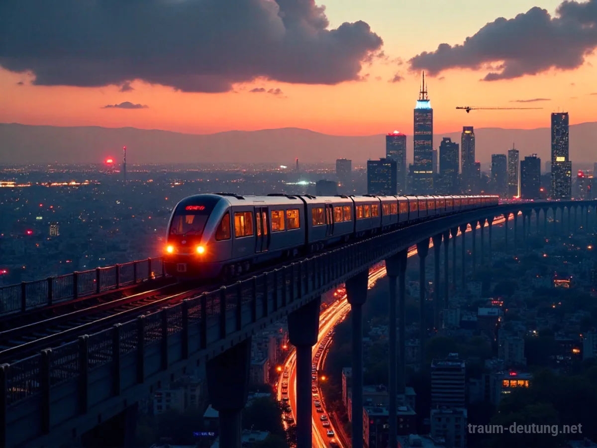 Traumsymbol Hochbahn: Eine fotorealistische Hochbahn schlängelt sich durch eine beleuchtete, futuristische Stadt bei Dämmerung, mit Lichtern und Atmosphäre.