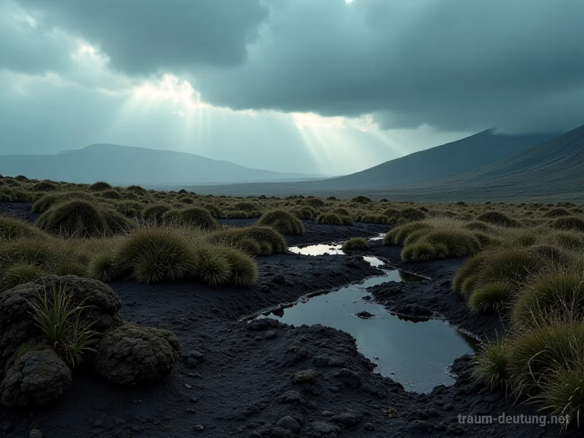 Traumsymbol Hochmoor: Eine weite, alte Moorlandschaft erstreckt sich unter einem dramatischen, stürmischen Himmel mit dunklen Hügeln und schwarzen Wasserpfützen.