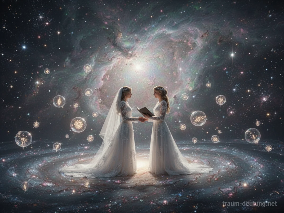 Traumdeutung Hochzeit: Eine ätherische Hochzeitszeremonie findet in einer kosmischen Landschaft unter einem leuchtenden Nebel statt, umgeben von schwebenden Orbs.