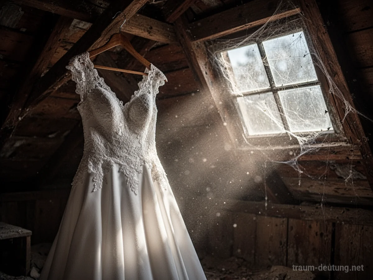 Traumdeutung Hochzeitskleid: Ein makelloses weißes Hochzeitskleid hängt an einem antiken Holz-Kleiderbügel in einem staubigen, schwach beleuchteten Dachboden, beleuchtet von Mondlicht durch ein Fenster.