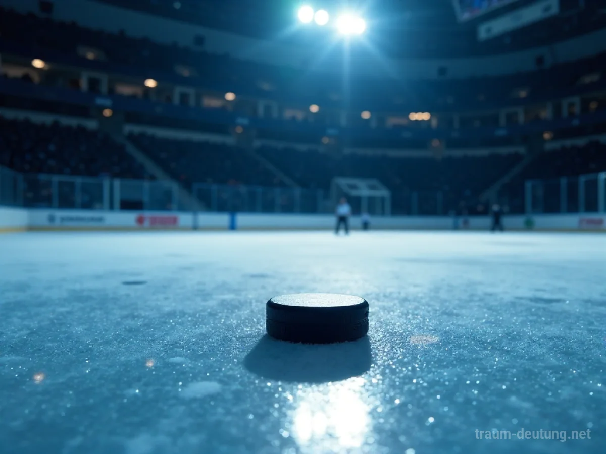 Traumsymbol Hockey: Ein einzelner Hockeypuck liegt auf einem schattigen Eishockeyfeld, beleuchtet von schwachem Mondlicht, das feinen Nebel einfängt.